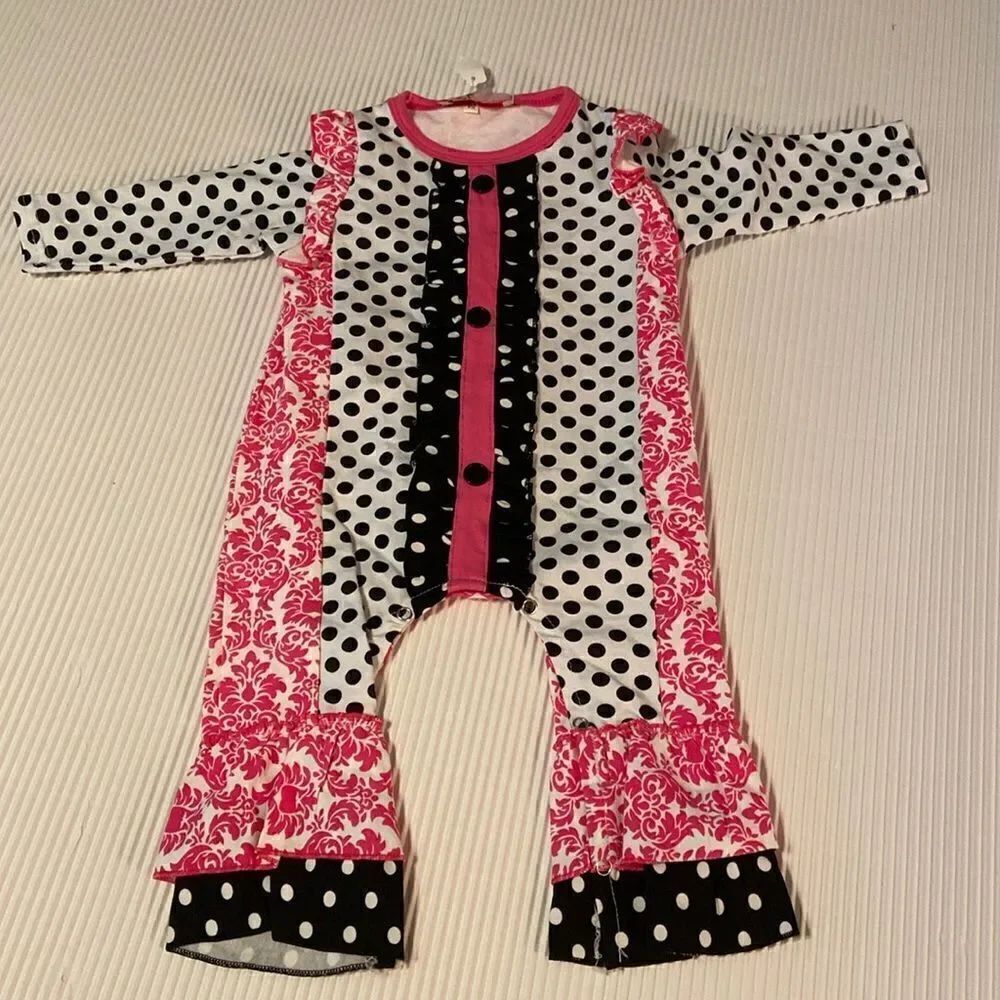 Boutique Romper Ruffled Legs Polka Dot & Damask 9 Month
